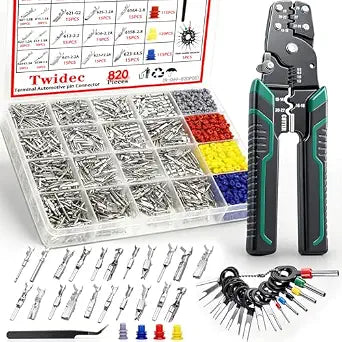 Twidec/820PCS Pin Connector Kit with Crimping Pliers,Car Electrical Wire Terminal 21Type 1/1.5/1.8/2.2/2.3/2.8/3.5mm Auto Electric Connector Terminal Non-Insulated Plug Removal Male Female Crimp Pins