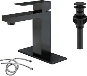 Fransiton Matte Black Bathroom Faucet Single Hole with Pop-Up Bathroom Drain Single Handle Bathroom Sink Faucet w/Deck Plate(1 or 3 Hole) for Vanity Sinks, RV, Farmhouse