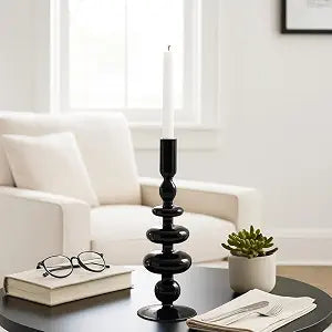 Glass Taper Candle Holder - Candle Holder for Sculptural Candlelight - Dining Room Table Decor or Mantel Display - Modern Disc and Sphere Design Accent, Home Decor  11", Black