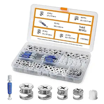Cam Locks for Furniture 90 Pcs 3-in-1 Eccentric Wheels, Furniture Cam Lock Fasteners Compitable with IKEA Hardware Parts, Multi-Size Repair Spare Parts Nut & Bolt Assortment Sets