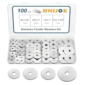 100PCS Fender Washers Assortment Kit, Thickened 304 Stainless Steel Fender Washers for Screws, Assorted Hardware Washers Set for Bolts #8, #10, 1/4