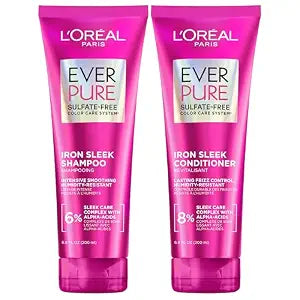 L'Oreal Paris Sulfate Free Iron Sleek Smoothing Shampoo and Conditioner Set, Frizz Control and Humidity-Resistant Formula with Alpha-Acids, Suitable for Color-Treated Hair, EverPure, 13.6 Fl Oz Set