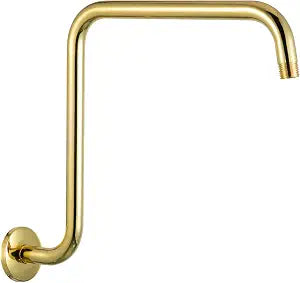 OFFO Shower Head Extension Arm 16 in, Height 12 in S Shaped High Rise Extender with Flange Shower Head Pipe Arm, Bright Gold
