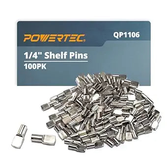 POWERTEC QP1106 1/4 Inch Shelf Pegs 100 pcs, Spoon Shaped Shelf Pins Support Pegs for Shelves, Kitchen Cabinet Shelf, Bookshelf, Closet and Furniture, Nickel Plated Shelf Holders Pegs