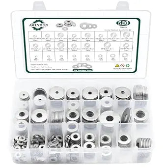 Fender Washers, 520 Pcs SAE + Metric 23 Sizes Flat Washers Assortment Set, 304 Stainless Steel Assorted Hardware Washers Kit for Bolts (M3 M4 M5 M6 M8 M10 M12 6# 8# 10# 1/4 5/16 3/8 1/2)