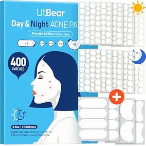 LitBear Pimple Patches for Face, 5 Sizes 400 Counts Hydrocolloid Acne Patch, Day & Night Spot Stickers Variety Pack, Thin & Thick for Covering Zits, Pimples, Large Breakouts, Chin, Forehead