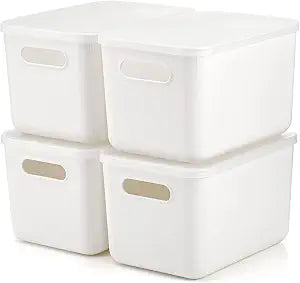 Lawei 4 Pack Plastic Storage Bins with Lid, White Stackable Storage Basket Organizer Box, Sturdy Containers Organizing Lidded Bins for Shelves, Cabinet, Desk, Pantry, Bedroom, Book, Toys