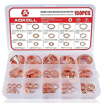150Pcs Copper Sealing Washers M22 M20 M18 M16 M14 M12 M10 M8 M6 M5 15 Size Crush Washers Assortment Kit (Copper)