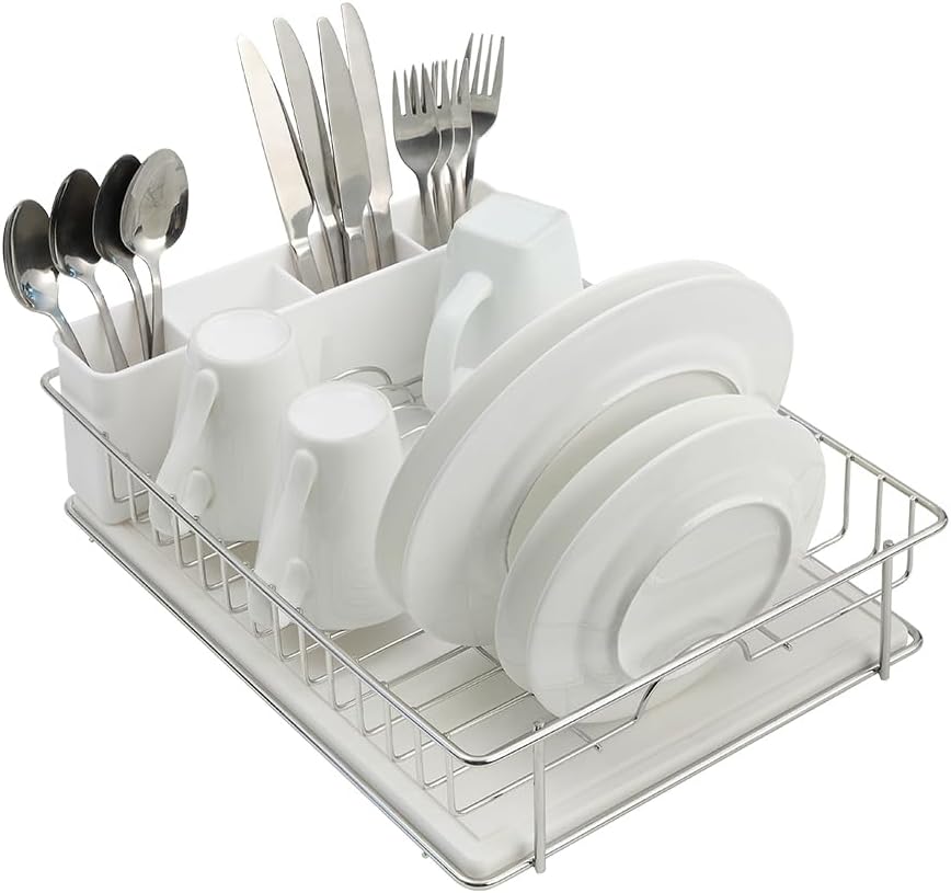 SunnyPoint 304 Stainless Steel Compact Dish Drying Rack, 15.3"x11.6", Diatomaceous Earth Drainboard, Removable Utensil Caddy, Space-Saving Countertop Design (Silvery-Grey)