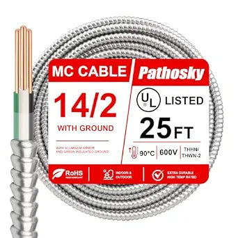 14/2 MC Cable 25 FT, Metal Clad Electrical Wire with Green Ground 14 Gauge THHN/THWN Solid Pure Copper Conductors, Interlock Alum Armor 600V 90C UL Listed Commercial Industrial Residential
