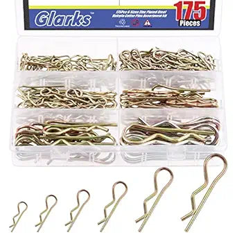Glarks 175Pcs Hairpins R Clips Cotter Pins Assortment Kit 6 Sizes Zinc Plated Carbon Steel R Pin Hair Pin Clips Spring Fasteners for Hitch Pin Lock Systems