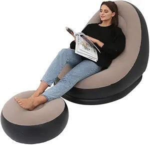 Inflatable Lounge Chair for Adults, Portable Folding Inflatable Blow Up Couch with Foot Stool, Lazy Flocking Recliner Chair Air Sofa for Indoor Outdoor Travel Camping (No Pump)(Coffee)