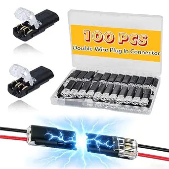 100 Pcs 2-Pin Wire Connectors, Locking Buckle, No Stripping, For LED Lights