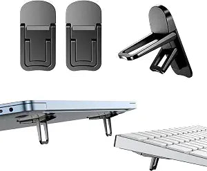 2PCS Zinc Alloy Mini Foldable Laptop Stand, Portable Computer Keyboard Riser with 2 Adjustable Angles, Self-Adhesive Invisible Notebook Stand and Keyboard Lift for Desk (Black)