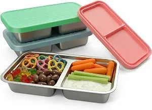 3 Pack 15oz Stainless Steel Snack Containers for Kids, Reusable Metal Snack Containers with Silicone lids, Leak Proof 2 Compartment Stackable Metal Toddler Lunch Box for Daycare, School