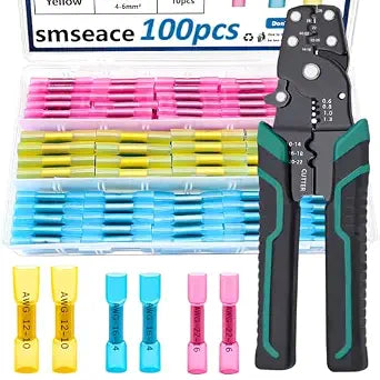 smseace 100PCS Heat Shrink Butt Connector with Crimping Tool 22-10AWG Waterproof Electrical Wire Crimp Connectors for Automotive Boat Stereo Industrial Equipment