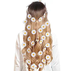 Sucrain 1pcs Flower Hippie Headband Floral Crown Summer Sunflower Hair Accessories for 70 s Bohemian Costumes Style for Women (White)