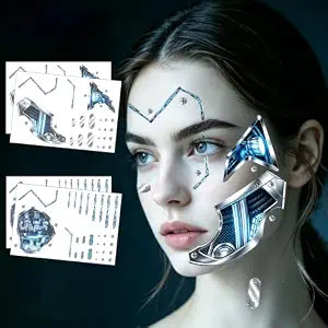 4 Sheets Cyborg Temporary Tattoos, Halloween Cyborg Face Tattoo Stickers