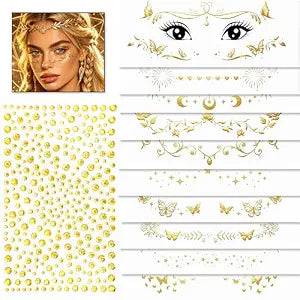 RODAKY 10 Sheets Gold Temporary Tattoos Self-Adhesive Golden Gem