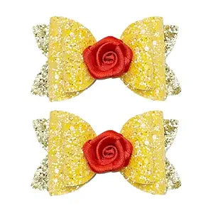 2Pcs Princess Hair Bow Clips Rose for Halloween Costume Dress up Birthday Party Supplies Yellow Decorations