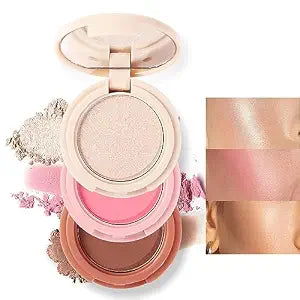 3-in-1 Blendable Trio, Contour and Highlight Blush Makeup Palette, Cream Bronzer, Silky Smooth Powder Blush, Shimmer Highlighter Makeup Powder, Travel-Friendly Stackable Make Up Kit with Mirror(01)