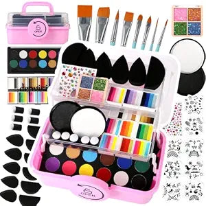 Professional Face Painting kit for kids, Depvision 68 Colors Split Cake Face Paint Kit, Non-Toxic Washable Safe Water Based Body Paint kit with Brushes Stencils Sponge Gems Glitter for Halloween gift