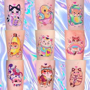 Konsait 50 Sheets Anime Tattoos, Cartoon Mixed Style Cat Tattoos, Individually Wrapped, Watercolor Cat Temporary Tattoos Cat Party Favors Cat Birthday Party Supplies
