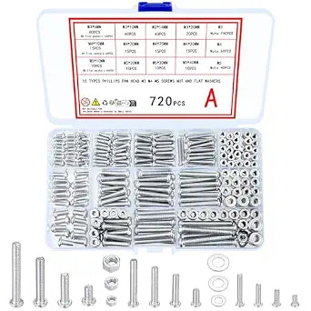 720 Pcs Nuts and Bolts Assortment Kit, M3 M4 M5 Carbon Steel Screws Bolts and Nuts and Washers Assortment Set, Assorted Cross Pan Head Machine Screws Set, with Storage Case