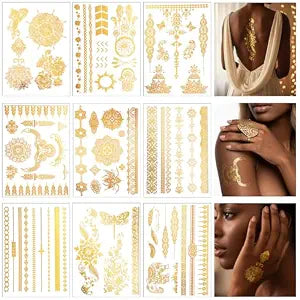 Nogeqi 9 Sheets Gold Tattoos Temporary Tattoos For Women, Glitter Flash Tattoo Stickers Metallic Elaborate Sun Moon Star for Adult Festivals Parties Makeup Cosplay