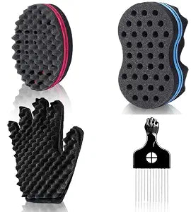 Magic Twist Hair Sponges Set, Big Holes Sponge Brush for Hair, Curling Sponge Glove for Men Women Curls with Metal Afro Pick(6.7 inch)