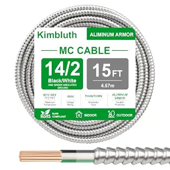 14/2 Metal Clad (MC) Cable with Ground 15ft, 14 Gauge Electric Wire with Aluminum Armor, Solid Bare Copper Conductors for Indoor Outdoor Underground Embedded Installation (14/2, 15 FT)