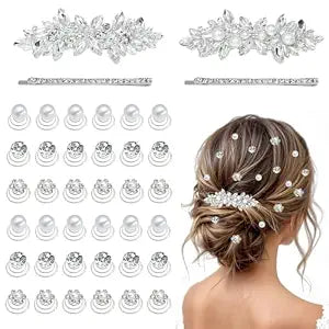 40 Pieces Rhinesetones Hair Clips, Include 4 Piece Crystal Hair Pins and 36 Pieces Spiral Hair Gems, Swirl Diamond Pearl Hairpins Flower Sparkling Hair Accessories for Wedding,brides, Party, Prom
