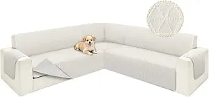 ALIECOM Corner Sectional Couch Covers L Shape Sofa Covers Washable Reversible Sectional Slipcover U Shape Pet Dogs Universal Furniture Protector with Elastic Straps (Ivory, Large)
