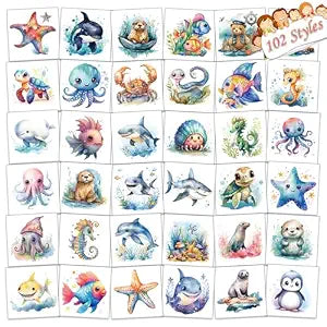 102 PCS Individually Wrapped Ocean Animals Temporary Tattoo for kids - Cute Sea Creature Temporary for Girls Boy Body Arm Shoulder Cute Tattoos Stickers, Birthday Party Supplies Gifts for Kids