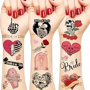 288PCS Til Death Do Us Temporary Tattoos Stickers Pre-cut Bride or Die Wedding Tattoos Gothic Halloween Bachelorette Stickers Tattoos for Bridal Shower Bachelorette Party Supplies Decorations