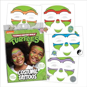 Teenage Mutant Ninja Turtles Costume Face Tattoos ï¿½ï¿½ï¿½ Temporary Tattoo Set for Kids Featuring Leonardo, Donatello, Michelangelo & Raphael, Easy Halloween Costume Accessory, Non-Toxic & Ski
