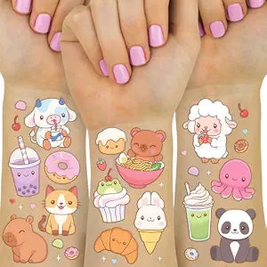 xo, Fetti Kawaii Food Animals Tattoos - 2 Sheets | Kids Birthday, Cute Animals, Temporary Tattoos, Party Favors, Pastel, Iridescent Foil, Girly, Zoo Party