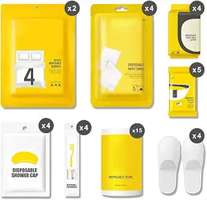 44pcs Disposable Travel Set: Bed Sheet*2 Duvet Cover*2 Pillow case*4 Shower Caps*4 Plastic Bathtub Bag*5 Toilet Seat Covers*4 Compression face Towel*15 Toothbrushes*4 Slippers*4