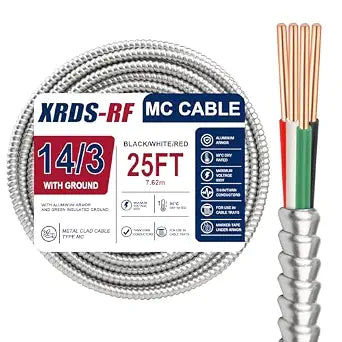 XRDS -RF 14/3 Metal Clad MC Cable 25FT, 14/3 Electrical Wire 3 Conductor Armored Wire with Ground, THHN Solid Copper & Flexible Aluminum Armor for Commercial and Residential Circuit