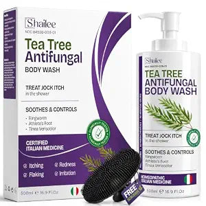 Antifungal Body Wash with Tea Tree Oil | Eczema Body Wash Treats Ringworm, Back Acne & Jock Itch | Antifungal Soap For Men And Women with 1% Tolnaftate (16.9 Fl Oz w/Scrubber)