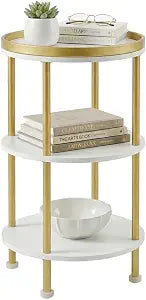 Small Round Side Table, White & Gold, 3-Tier Modern Side Table