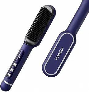 Handor Ionic Hair Straightener Brush, Anti-Scald Hot Brush with 9 Heat Settings 250-410F LED Display, Dual Voltage Hair Straightening Brush for Curly Thick Hair, Travel Kit