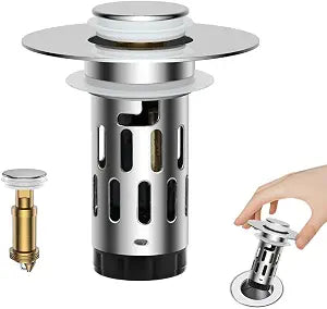 ZM Bathroom Sink Stopper, 3-in-1 Pop Up Drain Plug with Stainless Steel Hair Catcher, Sink Drain Strainer for 1.11.45 Inch Drain Holes, Tool-Free Installation, Chrome