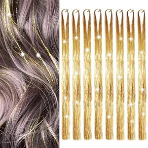 Hair Tinsel 8 Packs 1600 Strands 50 Inch Tinsel Hair Extensions Gold Heat Resistant Glitter Sparkling Shinny Fairy Hair Accessories for Women(Gold, 50Inch)