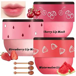 3 PCS Bee Lip Balm Honey Pot, Watermelon & Cherry & Strawberry Lip Mask Overnight Propolis Moisturizing Lip Balm Hydrating Prevention Dry and Crack Lip Scrubs Exfoliator Lip Wrinkle Care (Set C)
