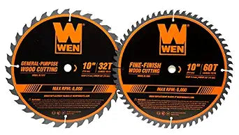 WEN BL1032-2 10-Inch 32-Tooth and 60-Tooth Carbide-Tipped Professional Woodworking Saw Blade Set, Two Pack