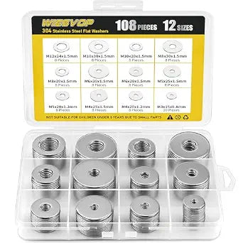 108Pcs 304 Stainless Steel Flat Washers, Fender Washers Assortment Kit 12 Sizes (M3-M12) Metal Washers for Screws Bolts Large and Small Hardware for Various Home Industrial Automotive