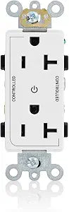 Leviton Decora Plus Duplex Receptacle Outlet, Heavy-Duty Industrial Specification Grade, Two Outlets Marked "Controlled", 20 Amp, 125 Volt, NEMA 5-20R, 2-Pole, 3-Wire, Self-Grounding, White