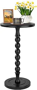 Round Side Table for Small Spaces, Drink Table with Oak Wood Pedestal, Modern End Table Nightstand for Living Room, Bedroom, Office, and Corners, Tool-Free Assembly, Black