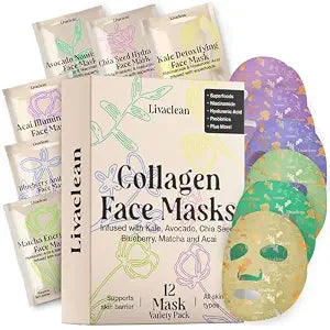 LivaClean 12 CT Face Masks Skincare - Collagen Sheet Mask - Hydrating Face Masks Bulk with Glycerin, Hyaluronic Acid, Aloe Vera - Soothing, Refreshing, Moisturizing Formula for All Skin Types